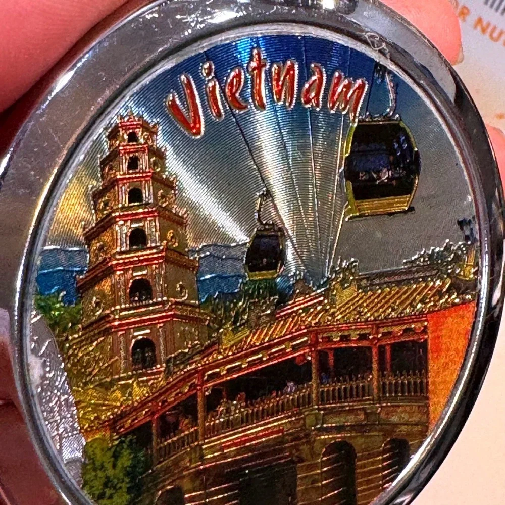 Vietnam Souvenir Compact Mirror Silver Tone Folding Dual Mirror 3D Relief Art